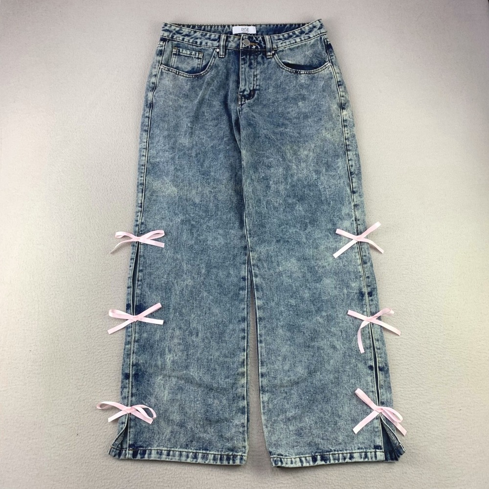 Rise Supply Co Bow Wide Leg Jeans Womens 7 Blue Acid Wash Coquette Pink